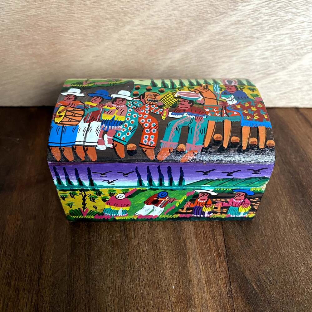 Tigua Handpainted Wood Trinket Box Andean Village Ecuador Folk Art Vintage